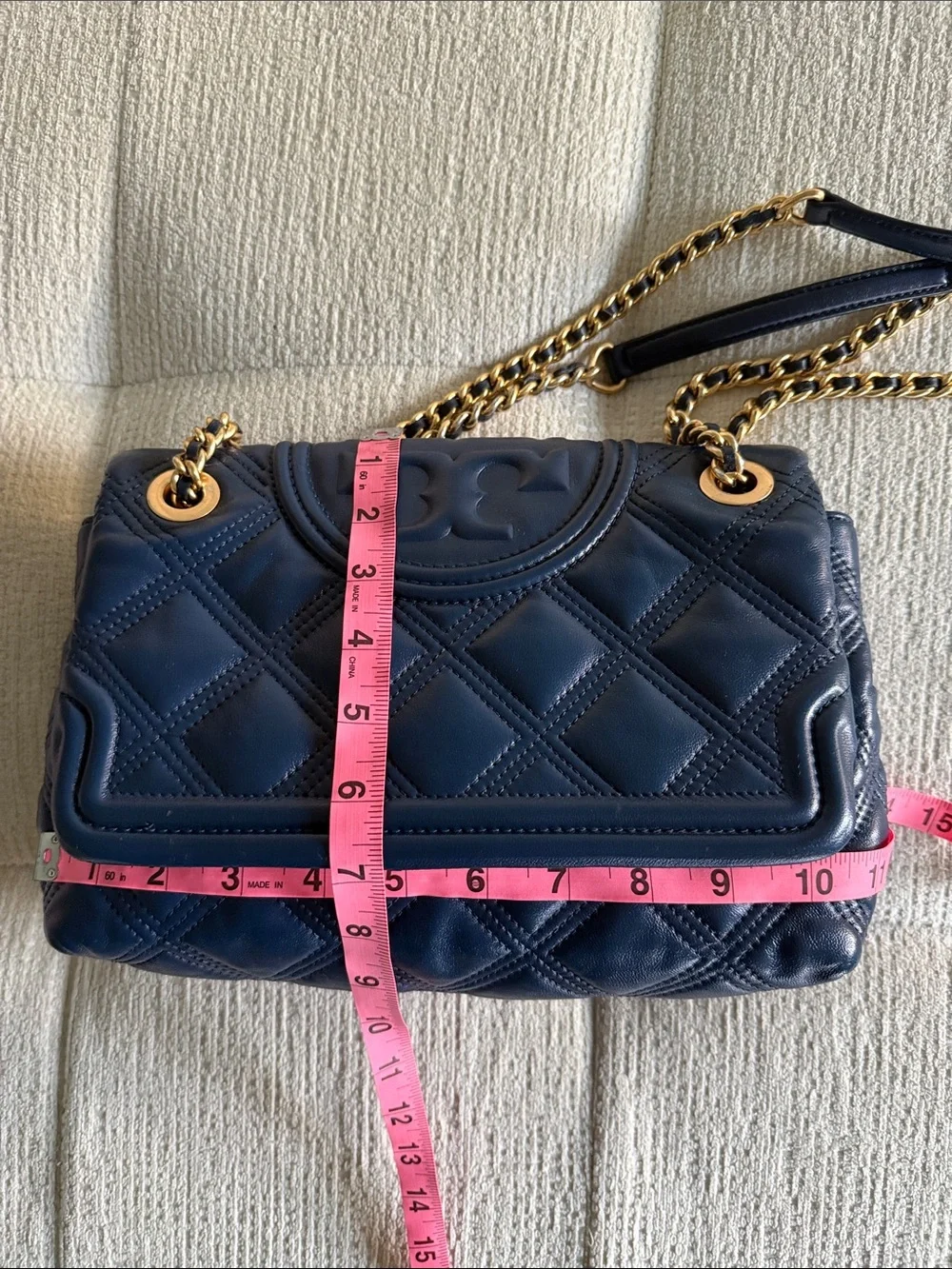 Tory Burch fleming soft convertible shoulder Bag Leather Quilted Chain Dark Blue